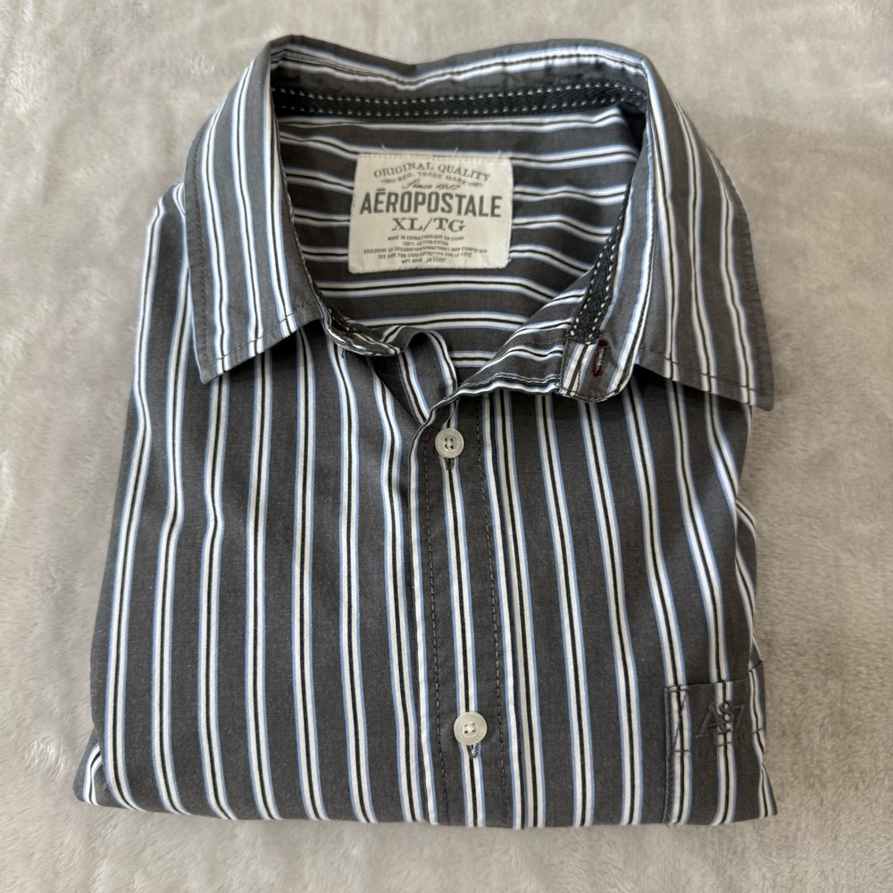 Aeropostale‎ XL Button Down Shirt Long Sleeve Striped Gray Blue White Mens